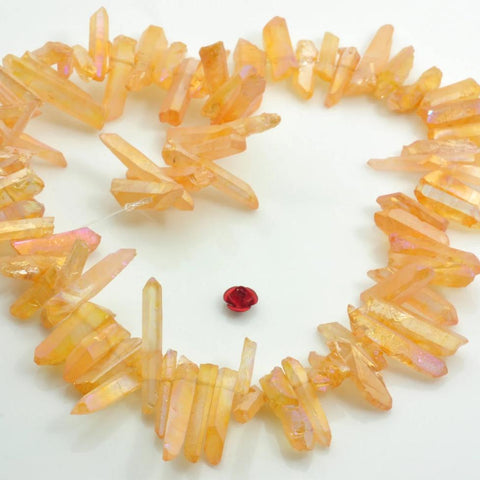 YesBeads 15 inches Dyed Matte Titanium Coated Mystic Drilled Crystal，spike Quartz Points，Dagger rough beads ，Orange Color