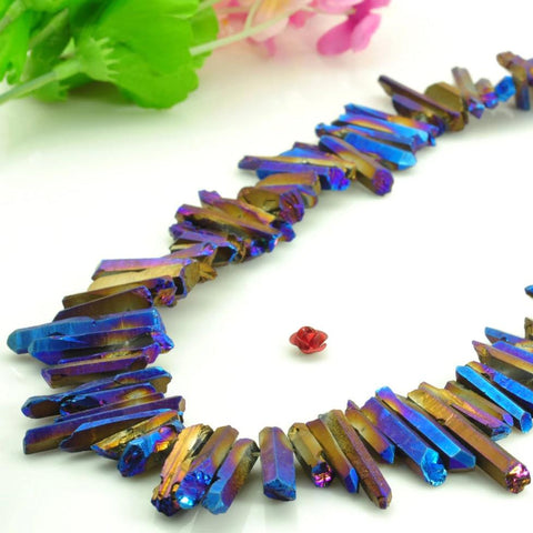 YesBeads 15 inches Matte Titanium Coated Mystic Drilled Crystal，spike Quartz Points，Dagger gemstone ,rough beads,yellow with some purple Color