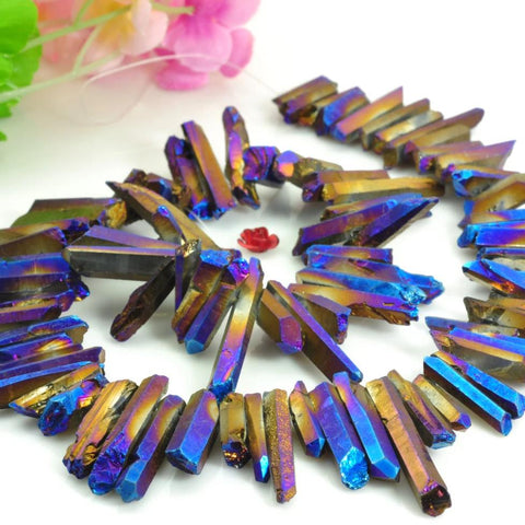 YesBeads 15 inches Matte Titanium Coated Mystic Drilled Crystal，spike Quartz Points，Dagger gemstone ,rough beads,yellow with some purple Color
