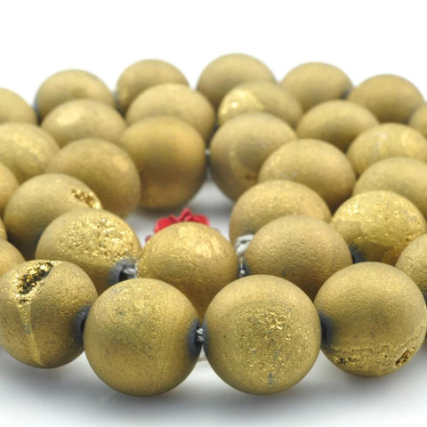 YesBeads Gold Druzy Agate titanium coated agate matte round loose beads wholesale gemstone jewelry making 15"