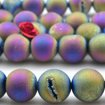 YesBeads Rainbow Druzy Agate titanium coated agate matte round loose beads wholesale gemstone jewelry making 15"