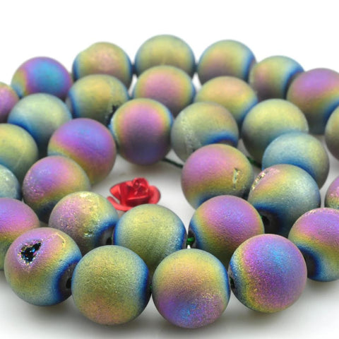 YesBeads Rainbow Druzy Agate titanium coated agate matte round loose beads wholesale gemstone jewelry making 15"