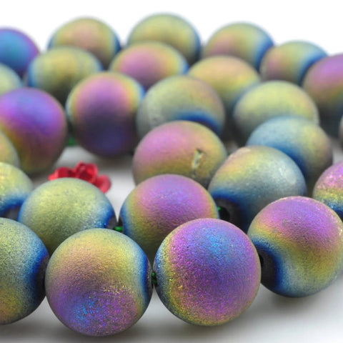YesBeads Rainbow Druzy Agate titanium coated agate matte round loose beads wholesale gemstone jewelry making 15"