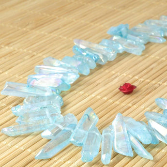 YesBeads 15 inches Polished Titanium Coated Mystic Drilled Crystal，Quartz Points，Dagger gemstone ,pendant beads, blue Color