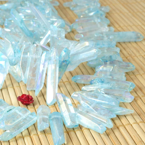 YesBeads 15 inches Polished Titanium Coated Mystic Drilled Crystal，Quartz Points，Dagger gemstone ,pendant beads, blue Color