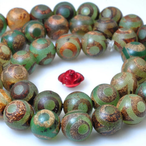 YesBeads Tibetan Agate Dzi three eyes green and brown matte round beads wholesale gemstone jewelry