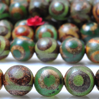 YesBeads Tibetan Agate Dzi three eyes green and brown matte round beads wholesale gemstone jewelry