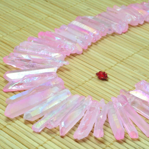 YesBeads 15 inches Matte Titanium Coated Mystic Drilled Crystal Rough Dagger spike tower beads,Pink Color