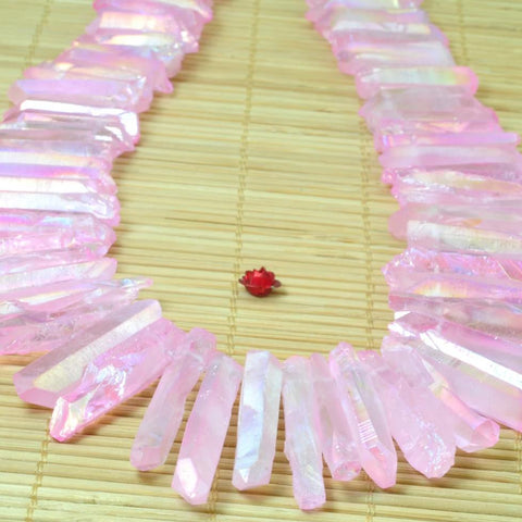 YesBeads 15 inches Matte Titanium Coated Mystic Drilled Crystal Rough Dagger spike tower beads,Pink Color
