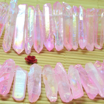 YesBeads 15 inches Matte Titanium Coated Mystic Drilled Crystal Rough Dagger spike tower beads,Pink Color